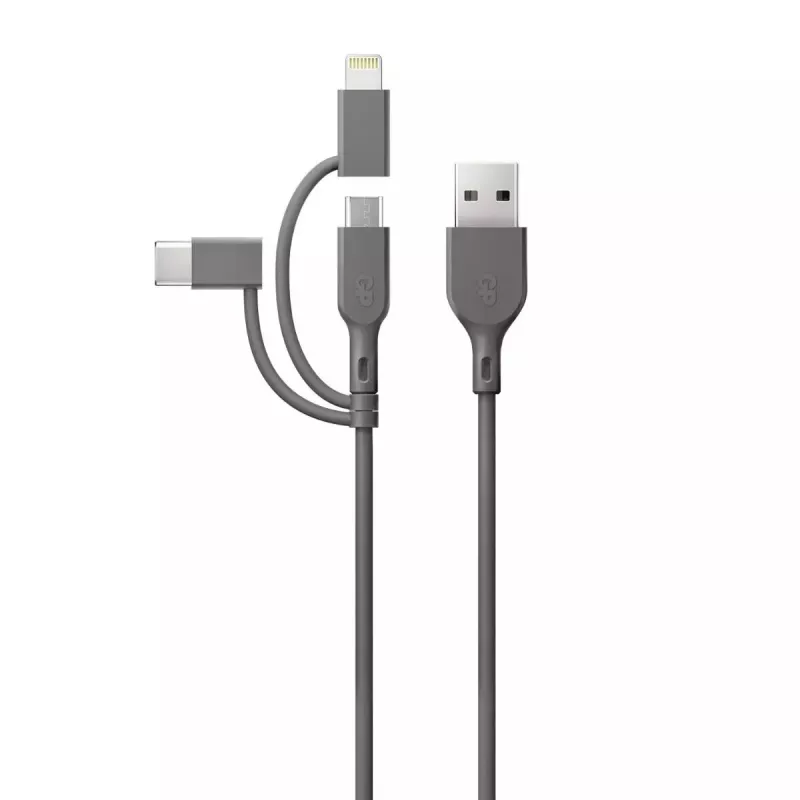USB kabelis GP baterijos CY1N 1m USB A USB C/Micro-USB B/Lightning Pilka