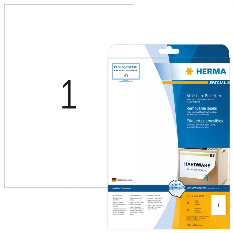 Lipnios spausdintuvo etiketės HERMA Nuimamos etiketės A4 210x297 mm baltos Movables