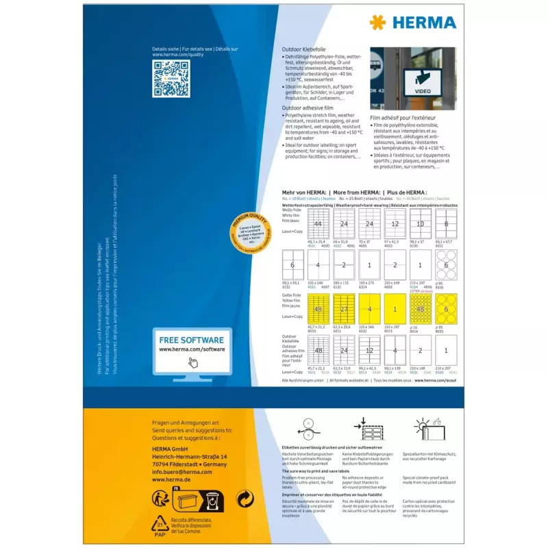 HERMA 9501 lipnūs lapeliai Stačiakampis Permanentiniai Balti 50 vnt.