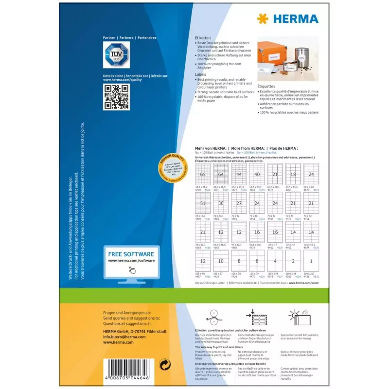 Lipnus spausdintuvo lipdukas HERMA Labels Premium A4 70x37 mm
