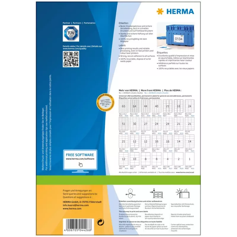 Lipnus spausdintuvo etiketė HERMA Labels Premium A4 210x297 mm