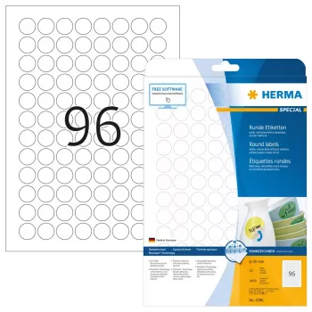 Lipnios etiketės HERMA Nuimamos A4 Ø 20 mm apvalios baltos