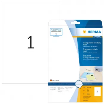 Lipnios spausdintuvo etikečių HERMA Labels skaidri matinė A4 210x297 mm plėvelė