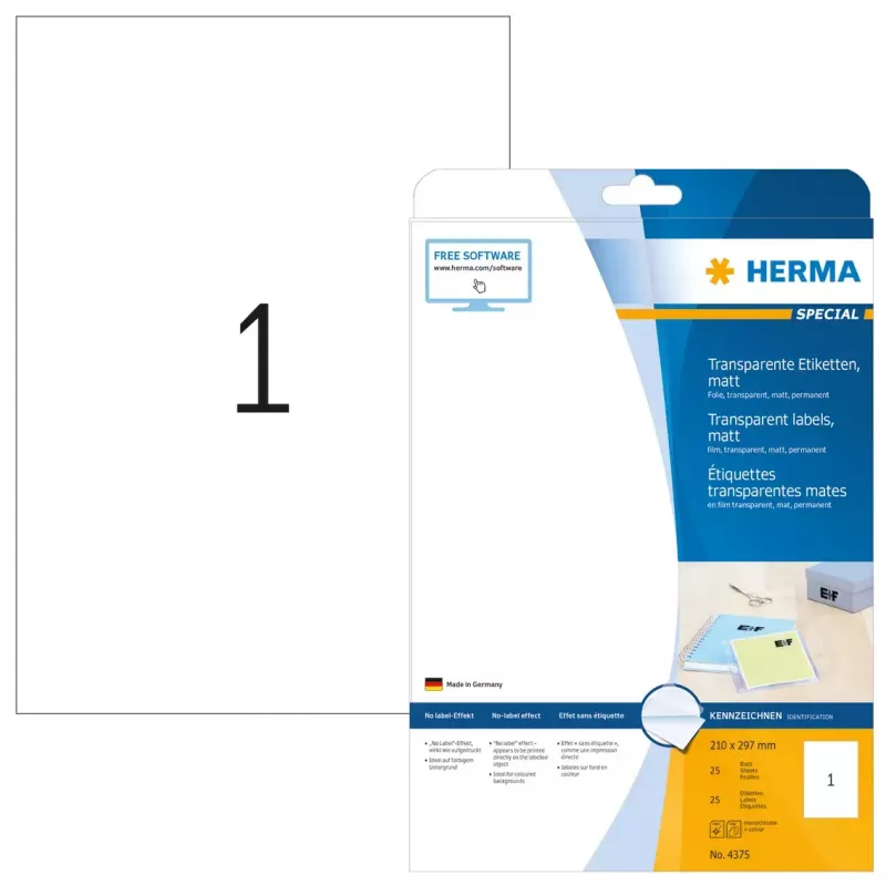 Lipnios spausdintuvo etikečių HERMA Labels skaidri matinė A4 210x297 mm plėvelė
