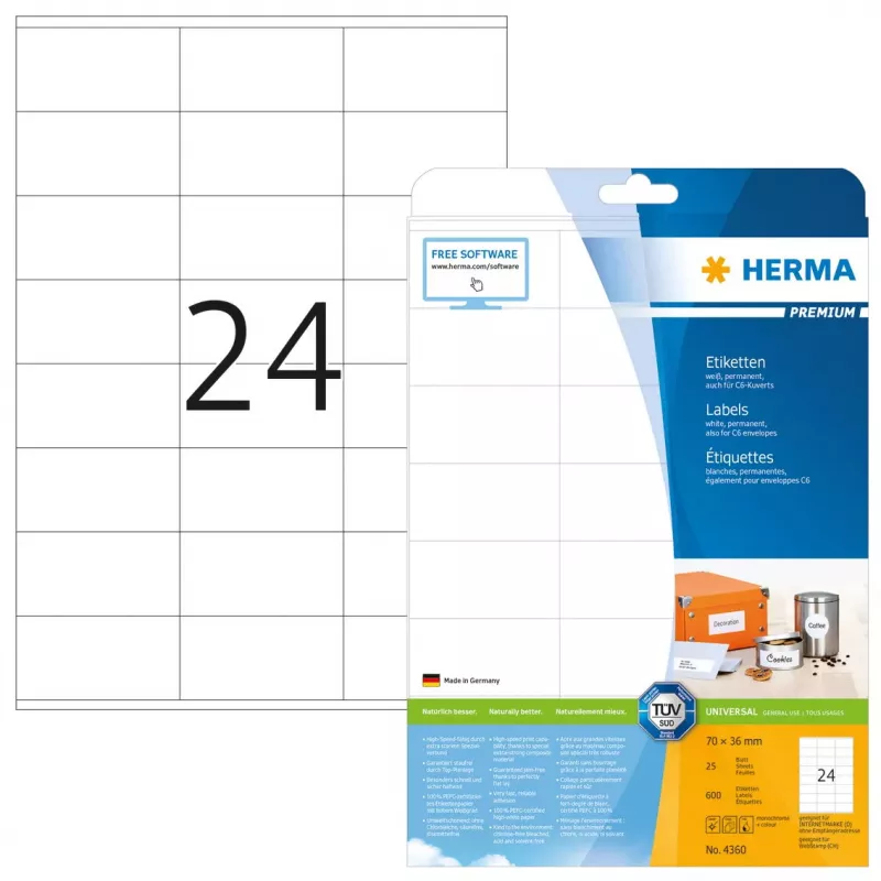 Lipnūs spausdintuvo lipdukai HERMA Labels Premium A4 70x36 mm