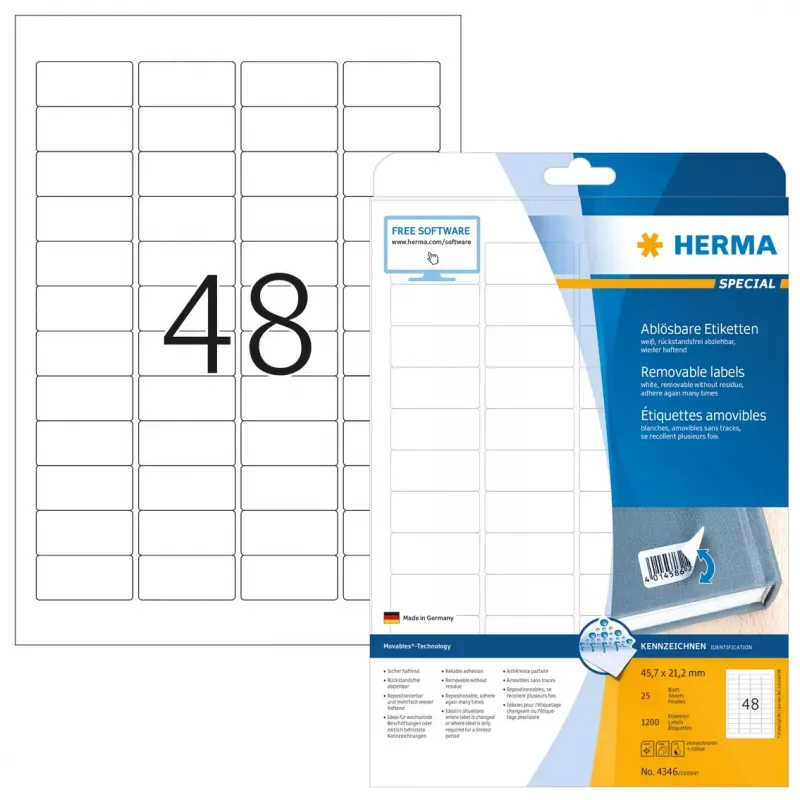 Lipnios spausdintuvo etiketės HERMA Nuimamos etiketės A4 45.7x21.2 mm