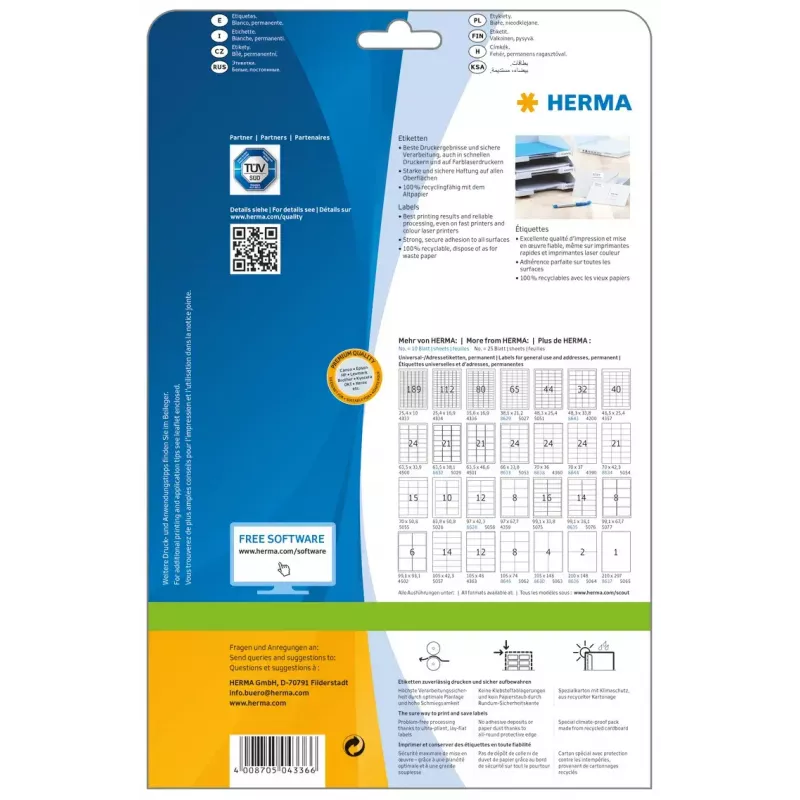 Lipnios spausdintuvų etiketės HERMA Labels Premium A4 35.6x16.9 mm