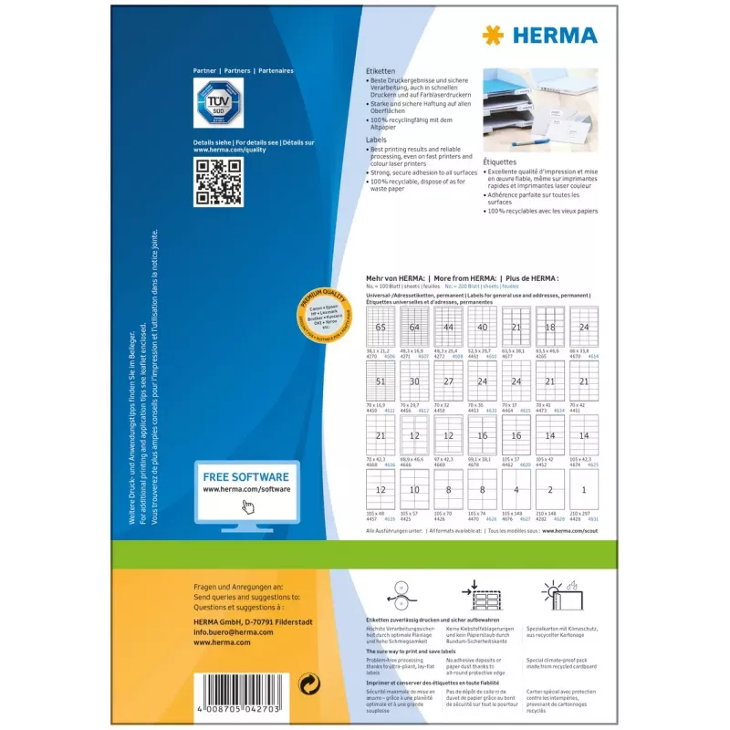 Lipnios spausdintuvų etiketės HERMA Labels Premium A4 38.1x21.2 mm