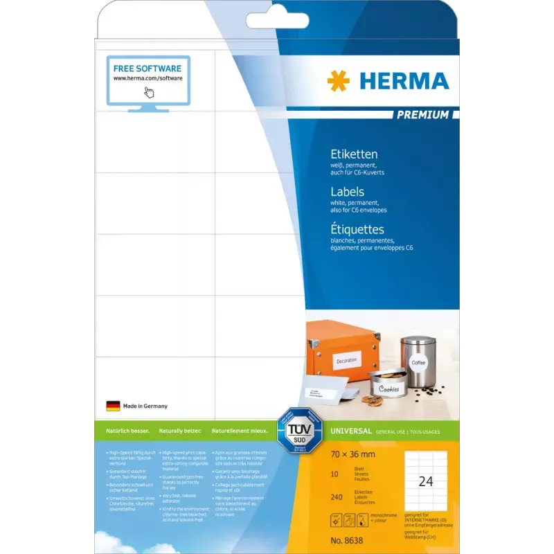Lipni etiketė HERMA 8638 Stačiakampė Nuolatinė Balta
