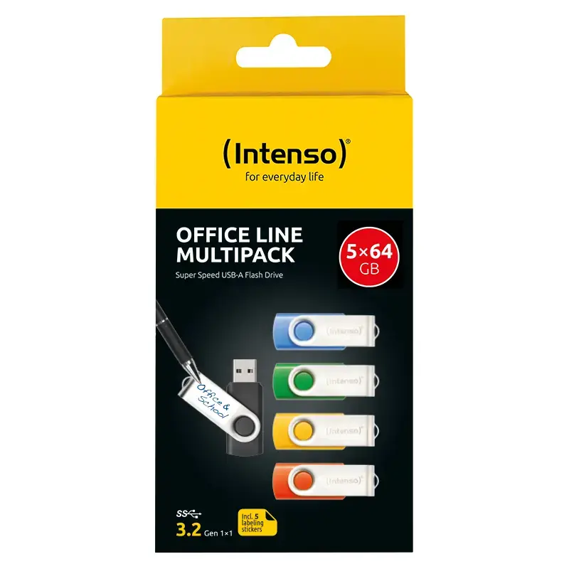 INTENSO Office Line USB atmintuko kelių vienetų pakuotė 5×64 GB, USB-A, USB 3.2 Gen 1, pasukamas, įvairiaspalvis