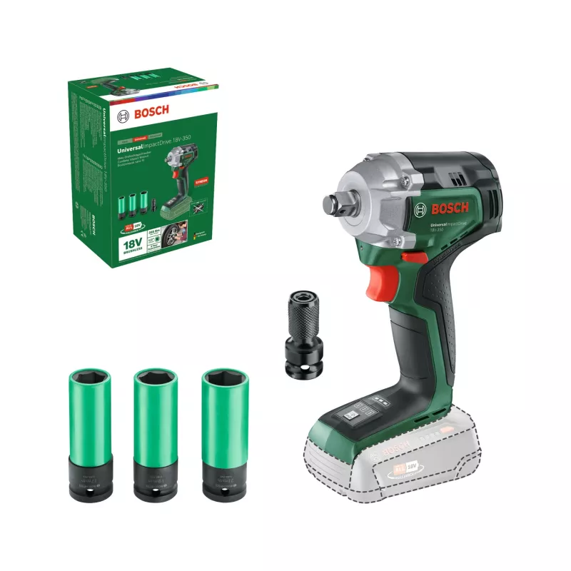 Bosch UniversalImpactDrive 18V-350 (Įrankis be baterijos + šešiabriaunis adapteris + 3 veržlės 17, 19, 21 mm)