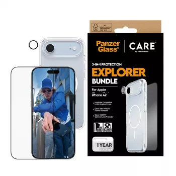 Ekrano apsaugos rinkinys PanzerGlass 3‑in‑1 Explorer Set CR66372, skirtas iPhone 17 Air (grūdintas stiklas, kameros apsauga, valymo priemonės)