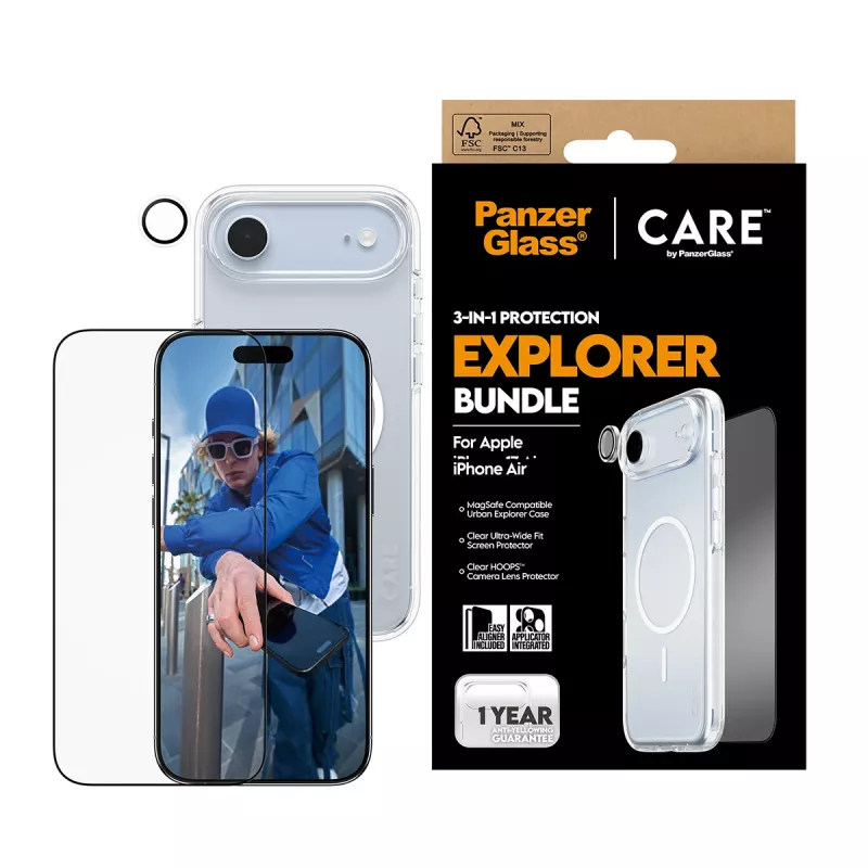 Ekrano apsaugos rinkinys PanzerGlass 3‑in‑1 Explorer Set CR66372, skirtas iPhone 17 Air (grūdintas stiklas, kameros apsauga, valymo priemonės)