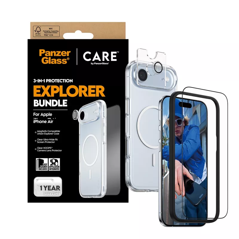 Ekrano apsaugos rinkinys PanzerGlass 3‑in‑1 Explorer Set CR66372, skirtas iPhone 17 Air (grūdintas stiklas, kameros apsauga, valymo priemonės)