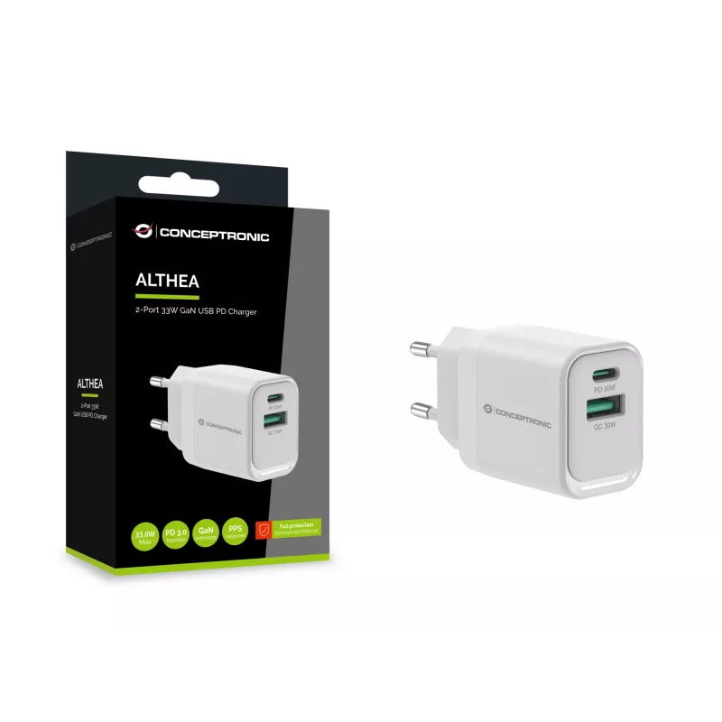 Conceptronic ALTHEA19W33 2 prievadų 33W GaN USB PD įkroviklis, USB-C x1, USB-A x1, QC 3.0, PPS, PD 3.0
