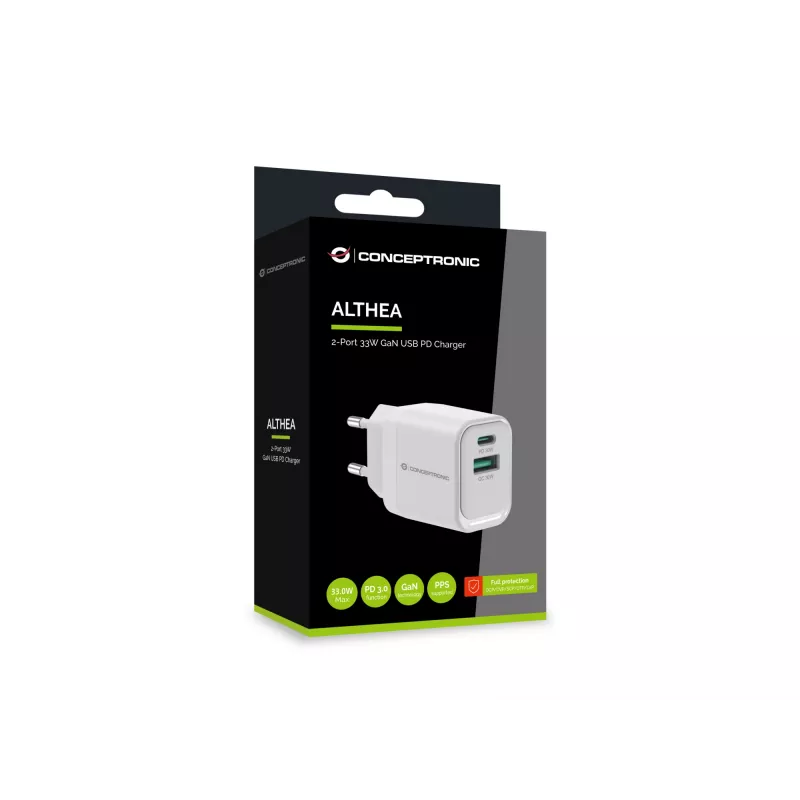 Conceptronic ALTHEA19W33 2 prievadų 33W GaN USB PD įkroviklis, USB-C x1, USB-A x1, QC 3.0, PPS, PD 3.0