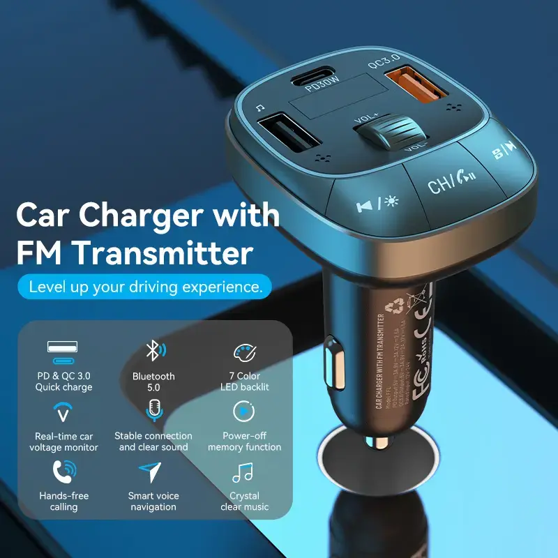 Automobilinis kroviklis Vention 3 prievadų USB (USB-C + 2× USB-A) 30W/18W/5W juodas