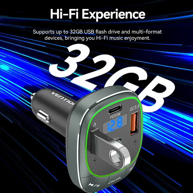 Automobilinis kroviklis Vention 3 prievadų USB (USB-C + 2× USB-A) 30W/18W/5W juodas