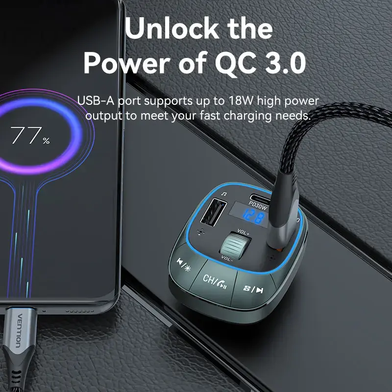 Automobilinis kroviklis Vention 3 prievadų USB (USB-C + 2× USB-A) 30W/18W/5W juodas