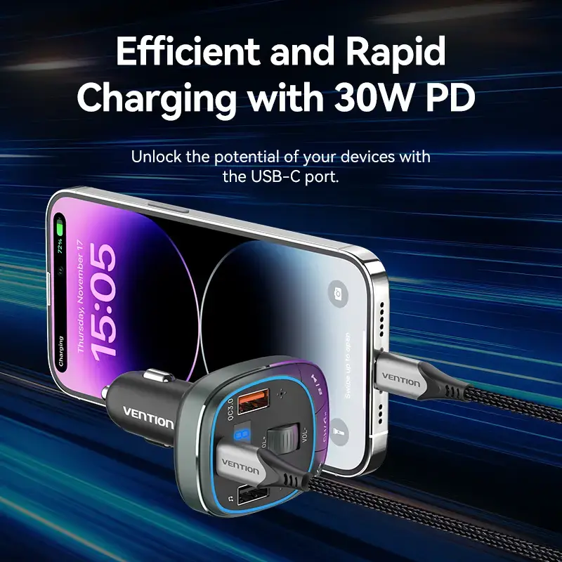 Automobilinis kroviklis Vention 3 prievadų USB (USB-C + 2× USB-A) 30W/18W/5W juodas