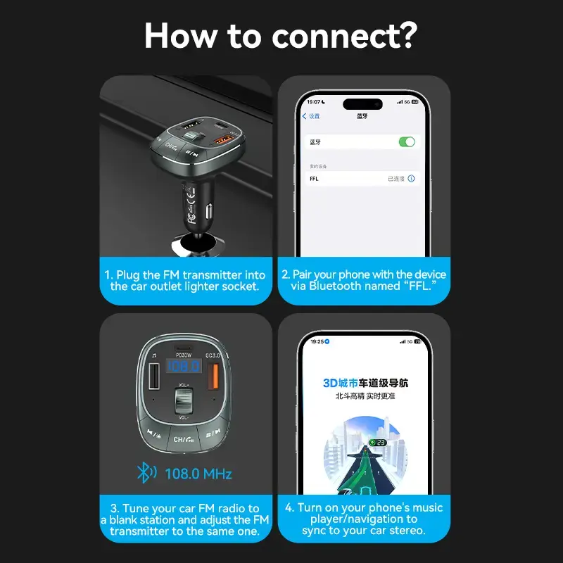 Automobilinis kroviklis Vention 3 prievadų USB (USB-C + 2× USB-A) 30W/18W/5W juodas