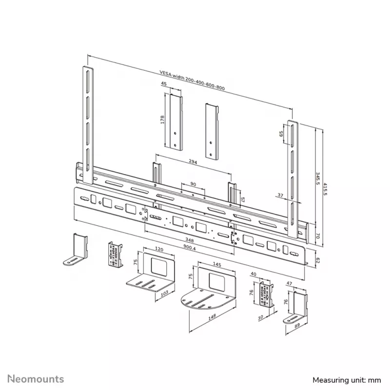 Videobar laikiklis Neomounts AV30-500BL 43–110 colių ekranams — VESA iki 600×400, maks. 10 kg, plotis 900 mm