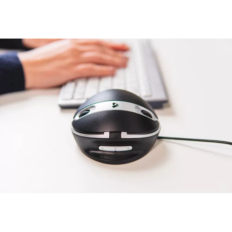 BakkerElkhuizen Oyster Wired pelė, ambidekstrinė, vertikalaus dizaino, lazerinė, USB Type-A, 1200 DPI, juoda, sidabrinė