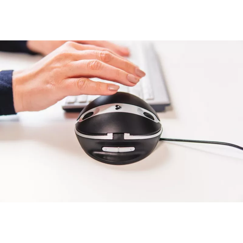 BakkerElkhuizen Oyster Wired pelė, ambidekstrinė, vertikalaus dizaino, lazerinė, USB Type-A, 1200 DPI, juoda, sidabrinė