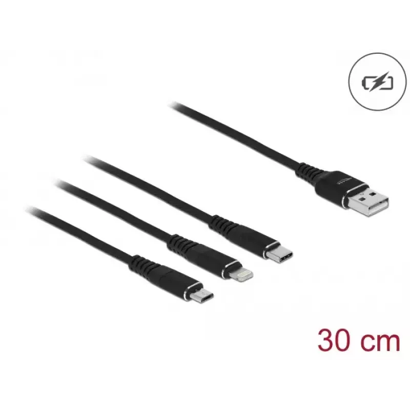 USB įkrovimo laidas DeLOCK 3 in 1 Type-A į Lightning Micro USB USB Type-C 30 cm juodas