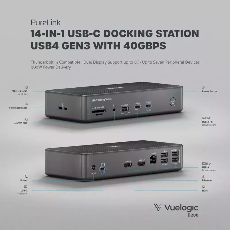 Nešiojamojo kompiuterio dokas PureLink VL-D200 laidinis pilkas USB maitinimo tiekimas HDMI 2.0