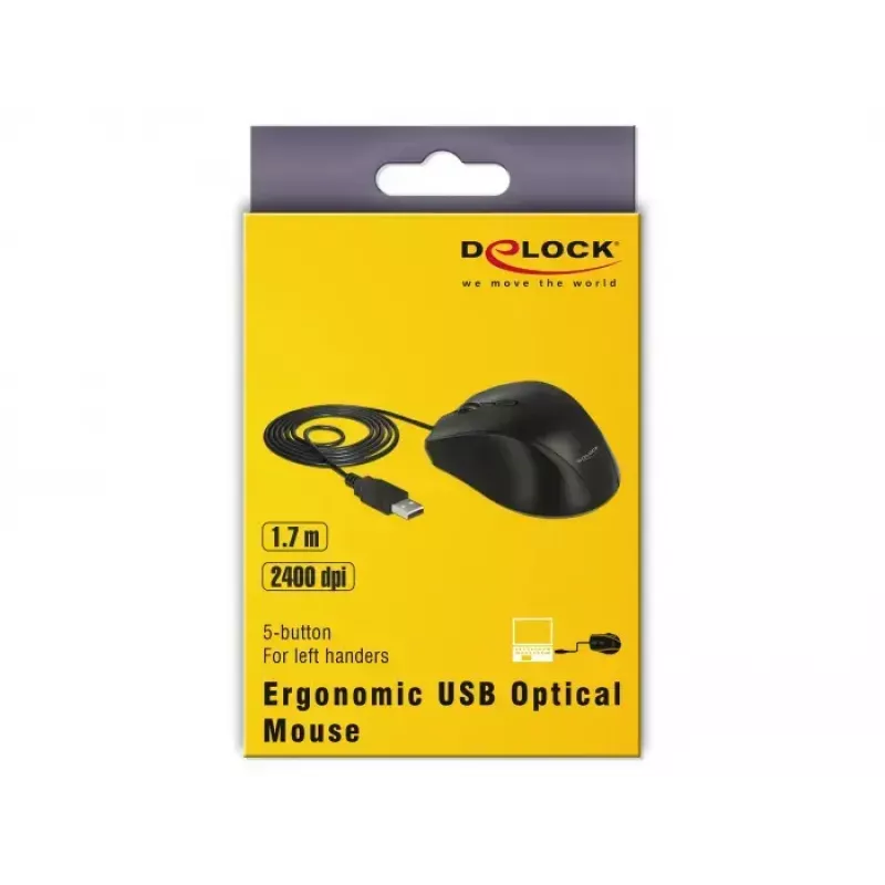 Pelė MITEL DeLOCK 12548 kairiarankiams USB Type-A optinė 2400 DPI 5 mygtukų juoda