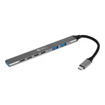 USB-C Hub 7-in-1 BakkerElkhuizen BNECHUB3A4C — 7 prievadai (USB 3.2 Gen1 A, USB 3.2 Gen1 C, USB 2.0), aliuminio korpusas, pilka/juoda