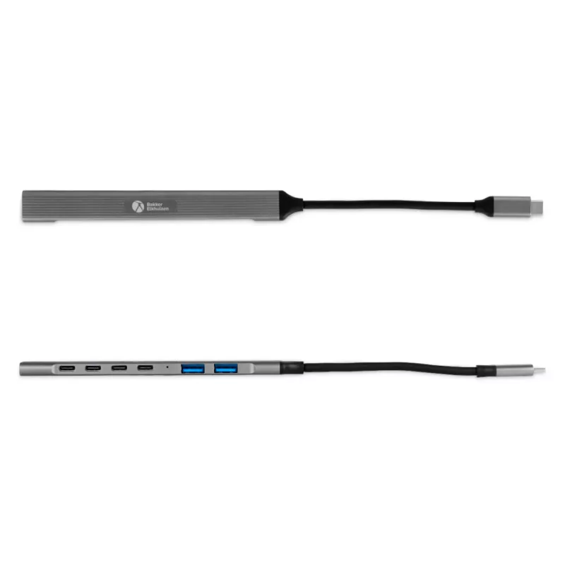 USB-C Hub 7-in-1 BakkerElkhuizen BNECHUB3A4C — 7 prievadai (USB 3.2 Gen1 A, USB 3.2 Gen1 C, USB 2.0), aliuminio korpusas, pilka/juoda