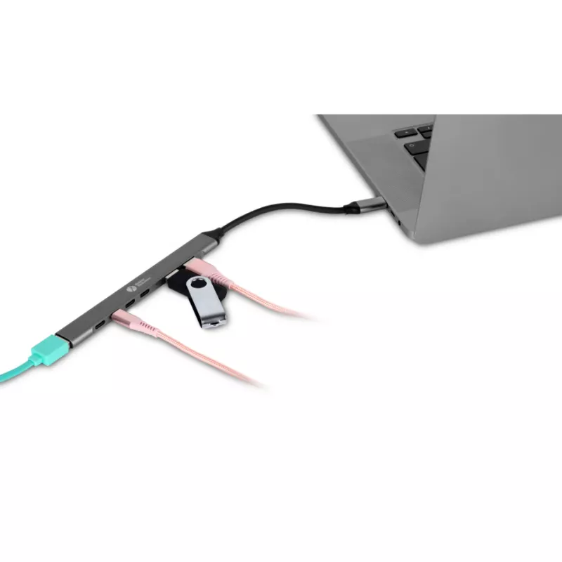 USB-C Hub 7-in-1 BakkerElkhuizen BNECHUB3A4C — 7 prievadai (USB 3.2 Gen1 A, USB 3.2 Gen1 C, USB 2.0), aliuminio korpusas, pilka/juoda