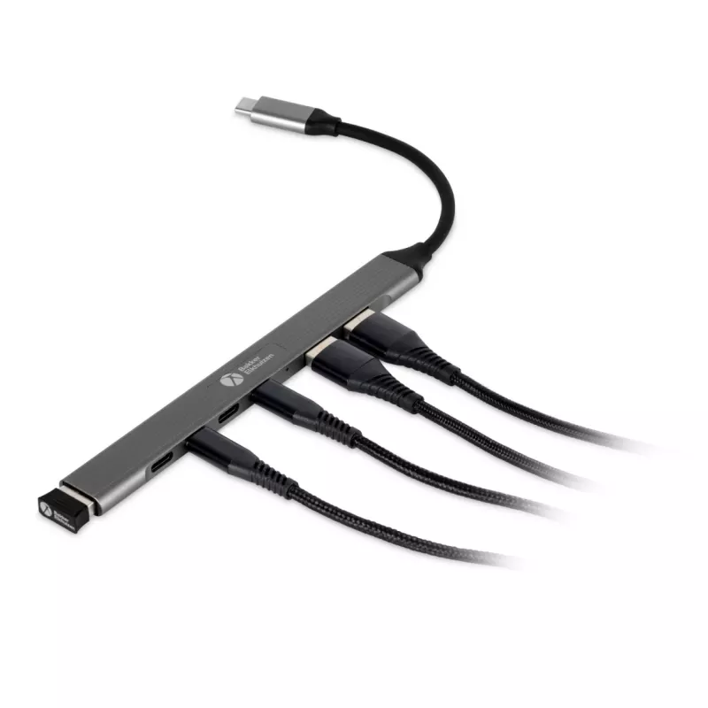 USB-C Hub 7-in-1 BakkerElkhuizen BNECHUB3A4C — 7 prievadai (USB 3.2 Gen1 A, USB 3.2 Gen1 C, USB 2.0), aliuminio korpusas, pilka/juoda