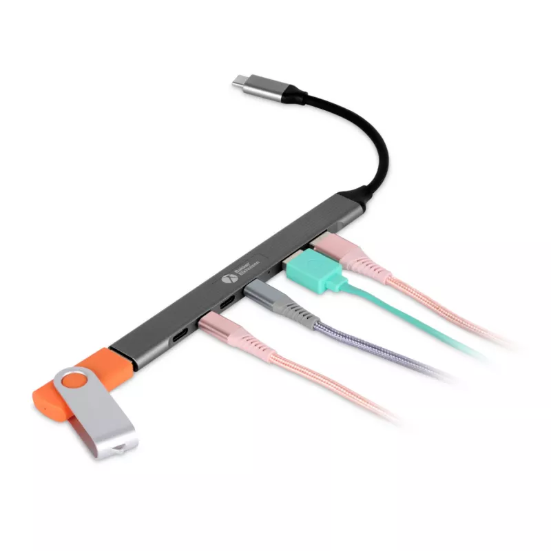 USB-C Hub 7-in-1 BakkerElkhuizen BNECHUB3A4C — 7 prievadai (USB 3.2 Gen1 A, USB 3.2 Gen1 C, USB 2.0), aliuminio korpusas, pilka/juoda