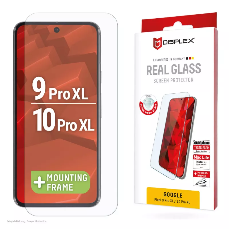 Displex ekrano apsauginis stiklas (10H), skirtas Google Pixel 9 Pro XL, Pixel 10 Pro XL, Eco montavimo rėmelis, atsparus įbrėžimams