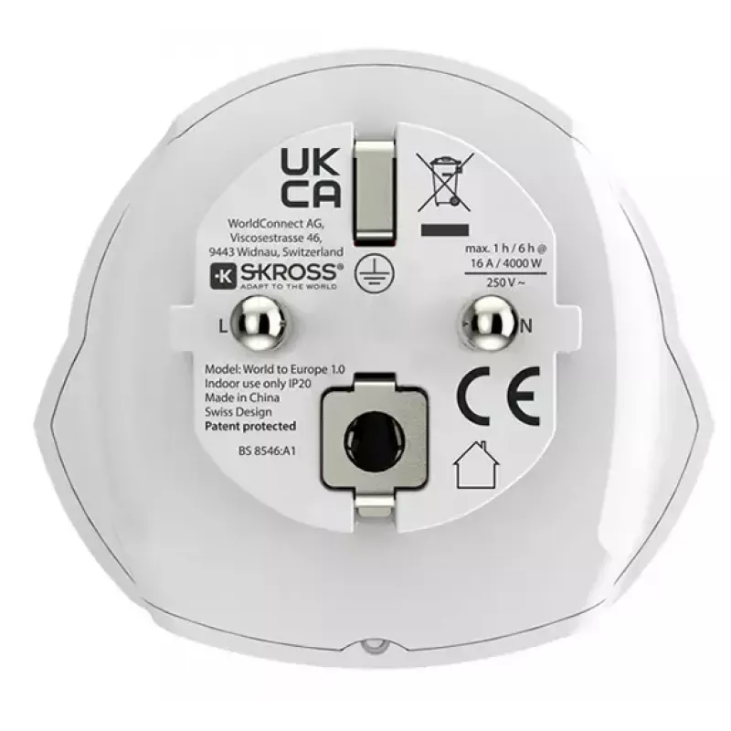 Kelioninis adapteris SKROSS World to Europe — universali įvestis į europinį lizdą, baltas, 64×58×47 mm