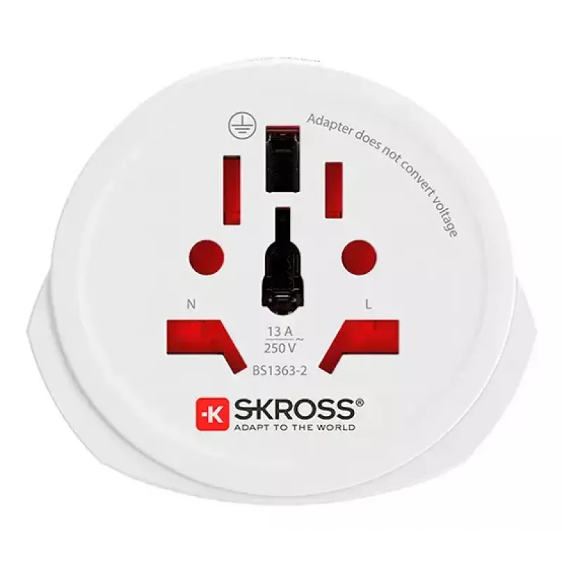 Kelioninis adapteris SKROSS World to Europe — universali įvestis į europinį lizdą, baltas, 64×58×47 mm