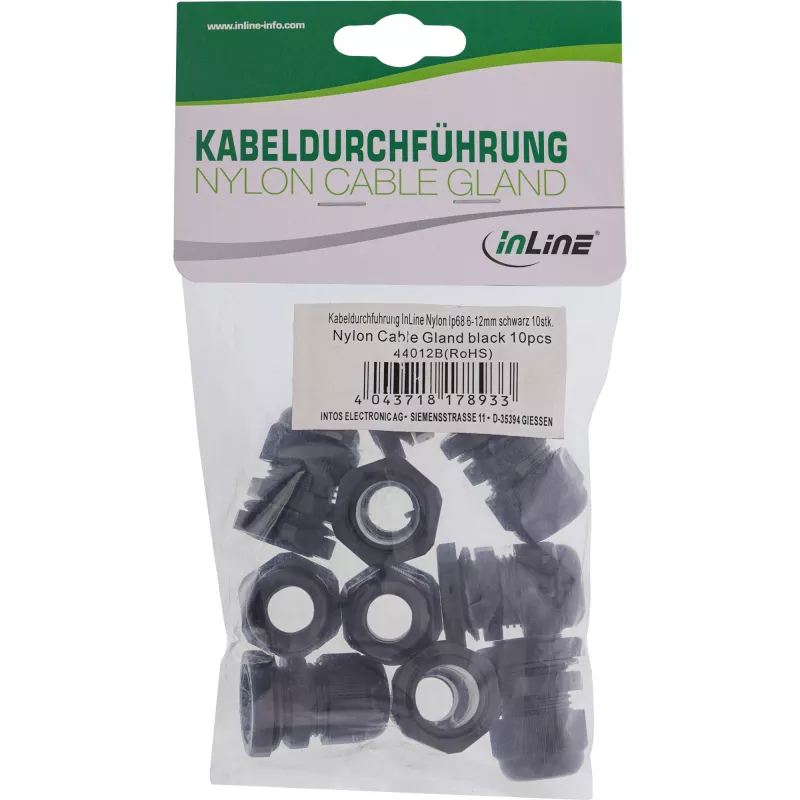 Kabelio riebokšlis InLine 44012B nailoninis IP68 kabeliams Ø6–12 mm, juodas, pakuotė po 10 vnt.
