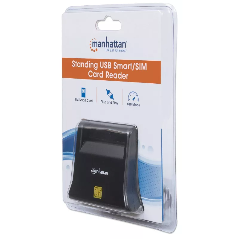 Manhattan USB-A išmaniųjų / SIM kortelių skaitytuvas, 480 Mbps (USB 2.0), stalinis vertikalus, trinties tipo suderinamas, didelės spartos USB, laidas 86 cm, juodas, trejų metų garantija