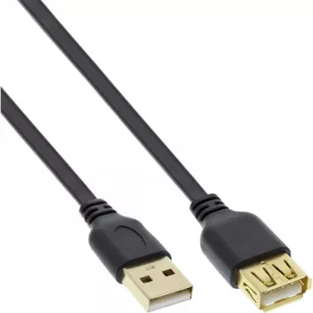 InLine USB 2.0 plokščias laidas A tipo kištukas / lizdas, paauksuoti kontaktai, juodas, 3 m