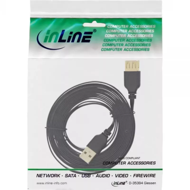 InLine USB 2.0 plokščias laidas A tipo kištukas / lizdas, paauksuoti kontaktai, juodas, 3 m