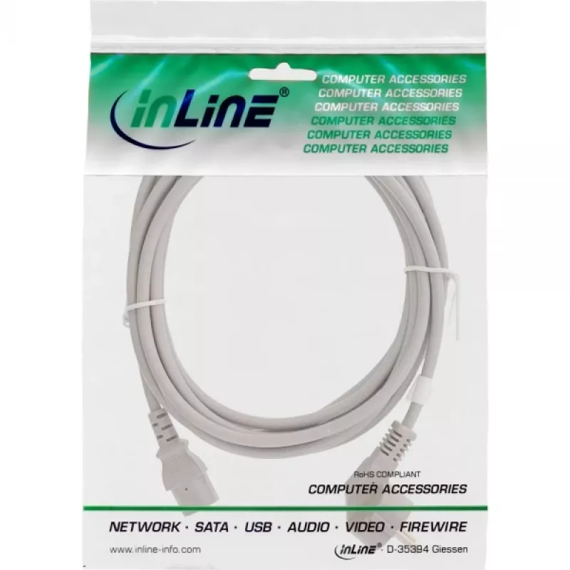 InLine maitinimo kabelis, CEE 7/7 kampuotas / 3 kontaktų IEC C13 kištukas, pilkas, 2 m