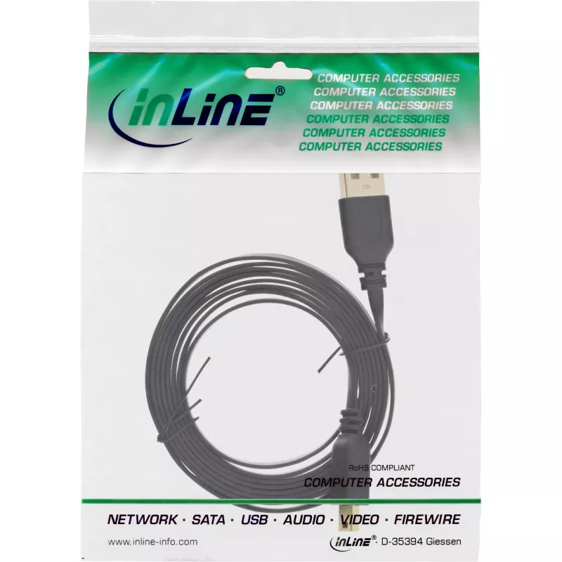 InLine USB 2.0 plokščias kabelis USB Type A kištukas / Mini-B kištukas 5 kaiščių juodas / auksinis 2 m
