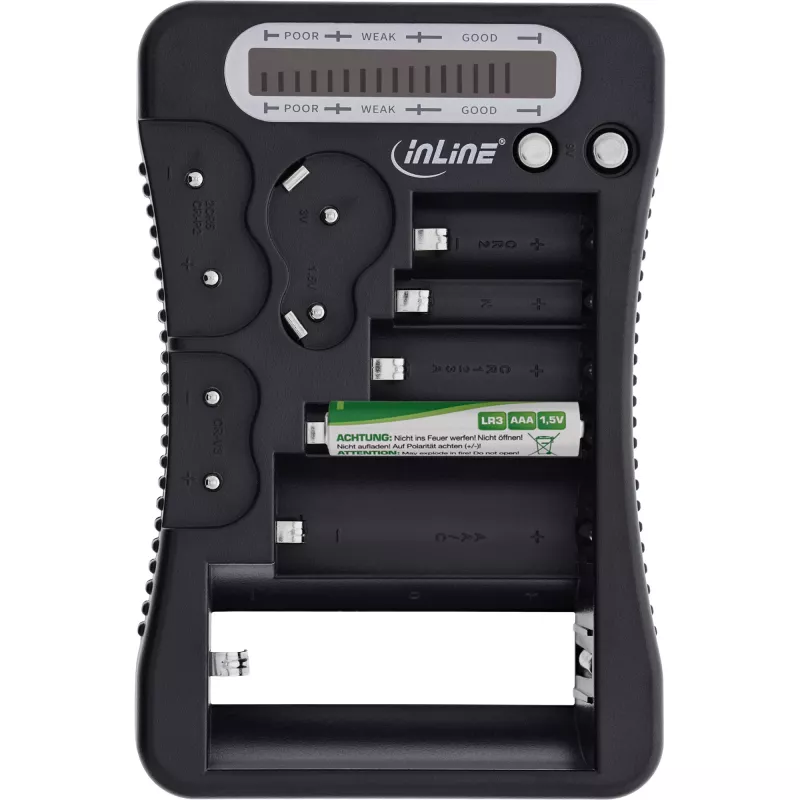 Baterijų testeris InLine 01285 su LCD ekranu apvalioms ir saginėms baterijoms