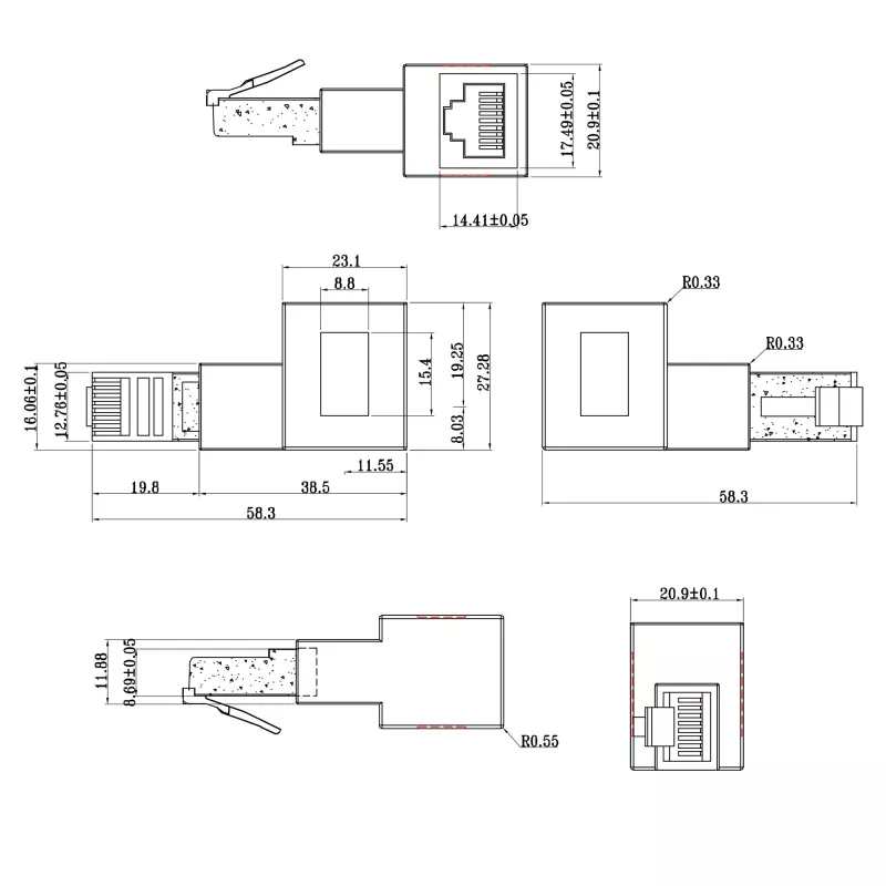 InLine pataisos laido adapteris Cat.6A, RJ45 kištukas / lizdas, kampuotas 90° į dešinę