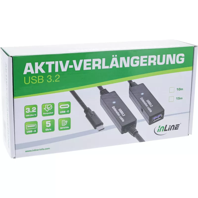 InLine USB 3.2 Gen.1 aktyvus prailginimo laidas, USB-C kištukas į USB-A lizdą, 10 m