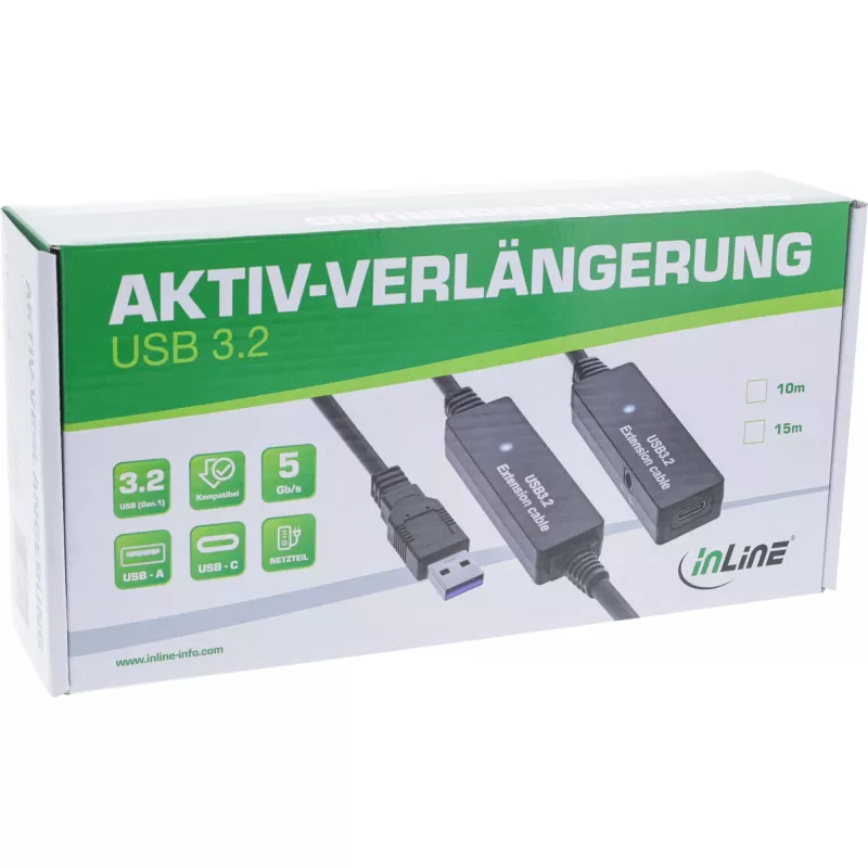InLine USB 3.2 Gen.1 aktyvus ilginimo laidas, USB-A kištukas į USB-C lizdą, 15 m