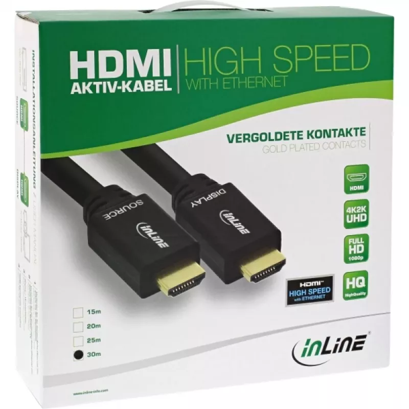 InLine , aktyvus aukštos spartos HDMI laidas su Ethernet, M/M, juodas, auksuoti kontaktai, 30 m